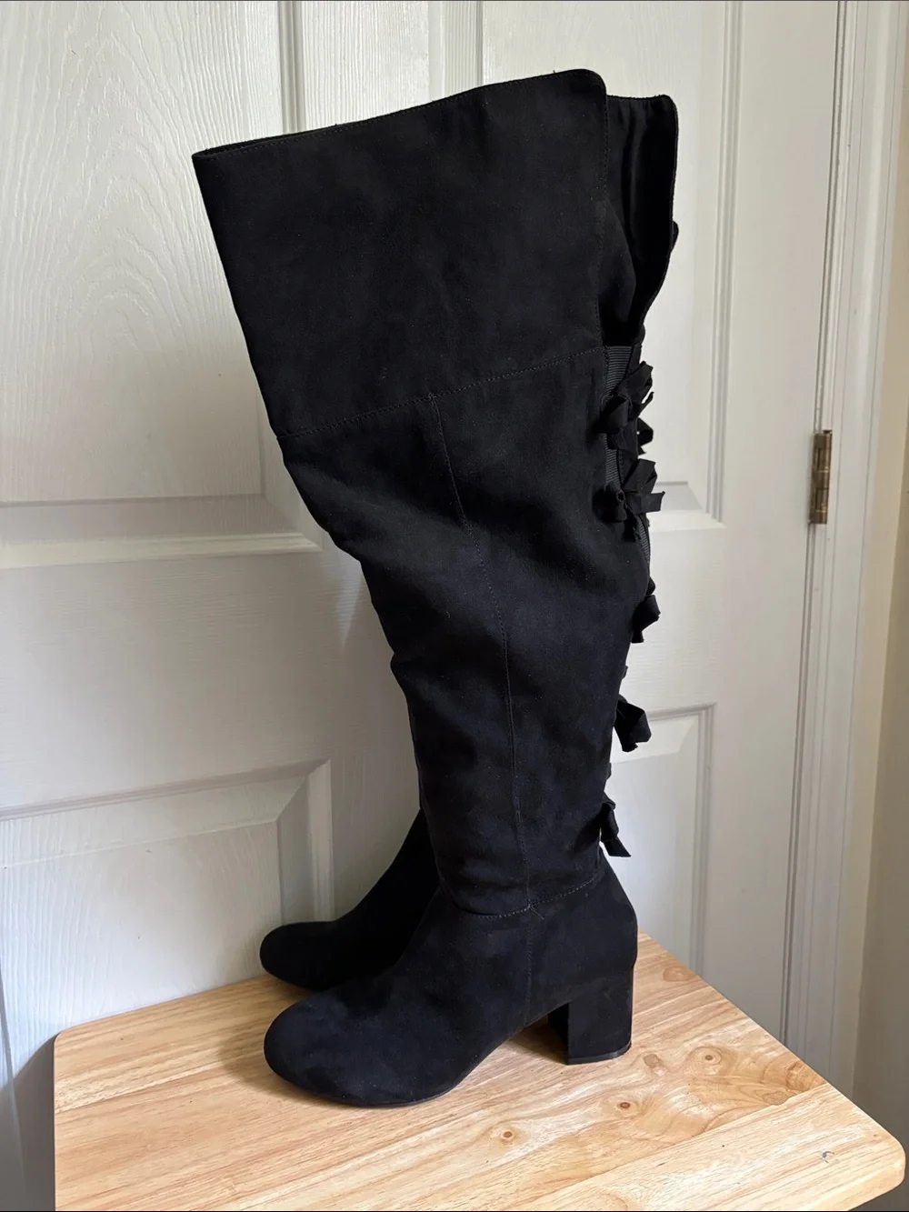 TORRID Black Faux Suede Bow Over The-Knee Boot Almond Toe 10.5 EXTRA WIDE WIDTH